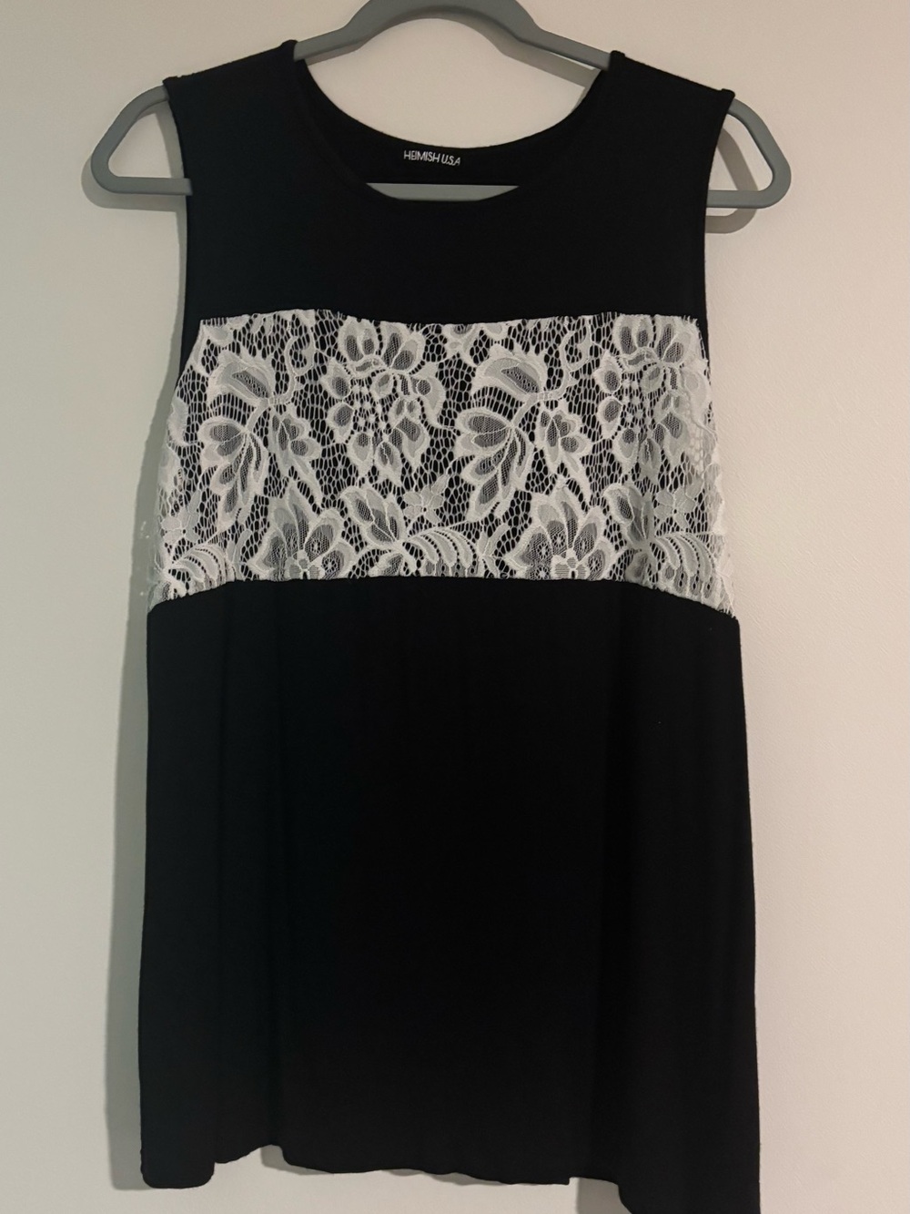 Hemash USA Black Tank Top with White Lace Panel